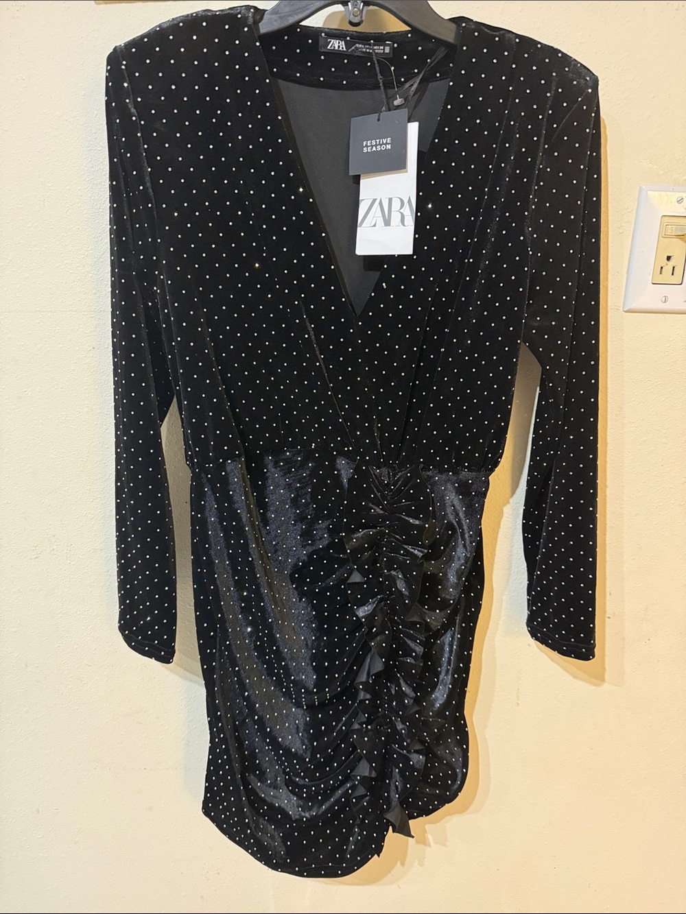NWT Zara Black Velvet Polka Dot Rhinestone  Ruched V-Neck Dress